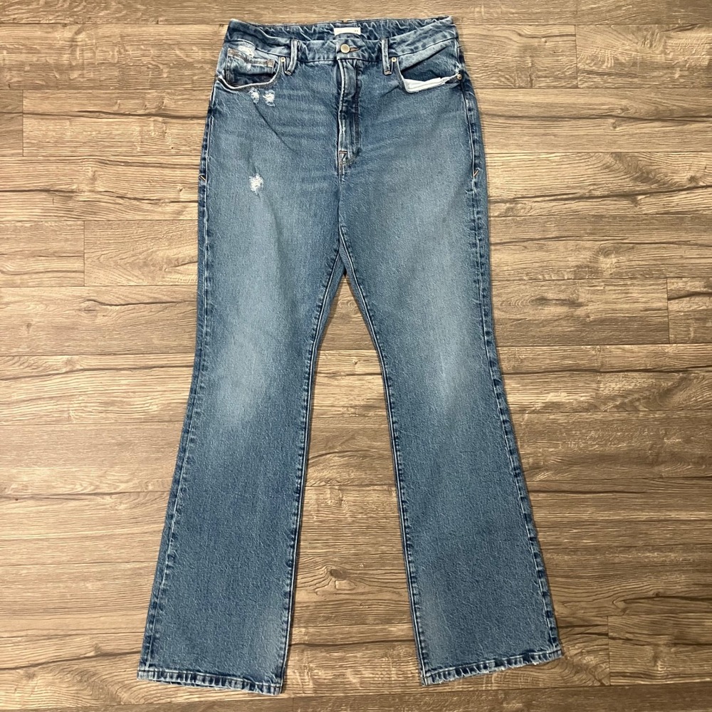 Good American Slim Bootcut High Rise Jeans Women's Size 12/31 Blue Distressed